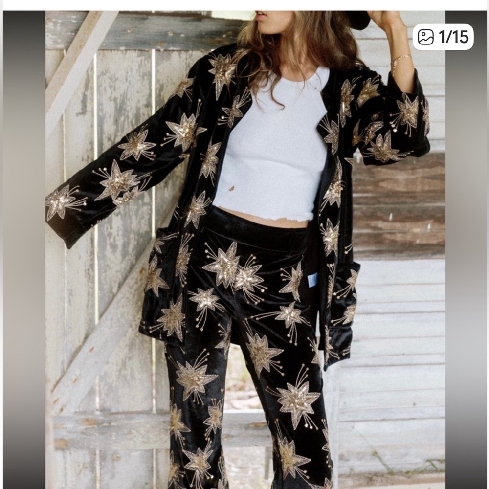 Free People Lenni Black Sequin Star Embroidered 2-Piece Pant Set